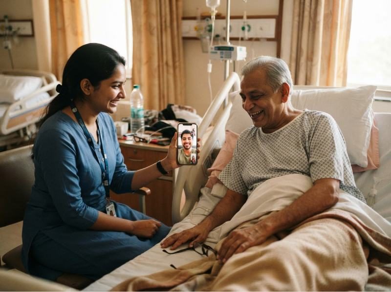 A Care Partner with an older man in a hospital room
