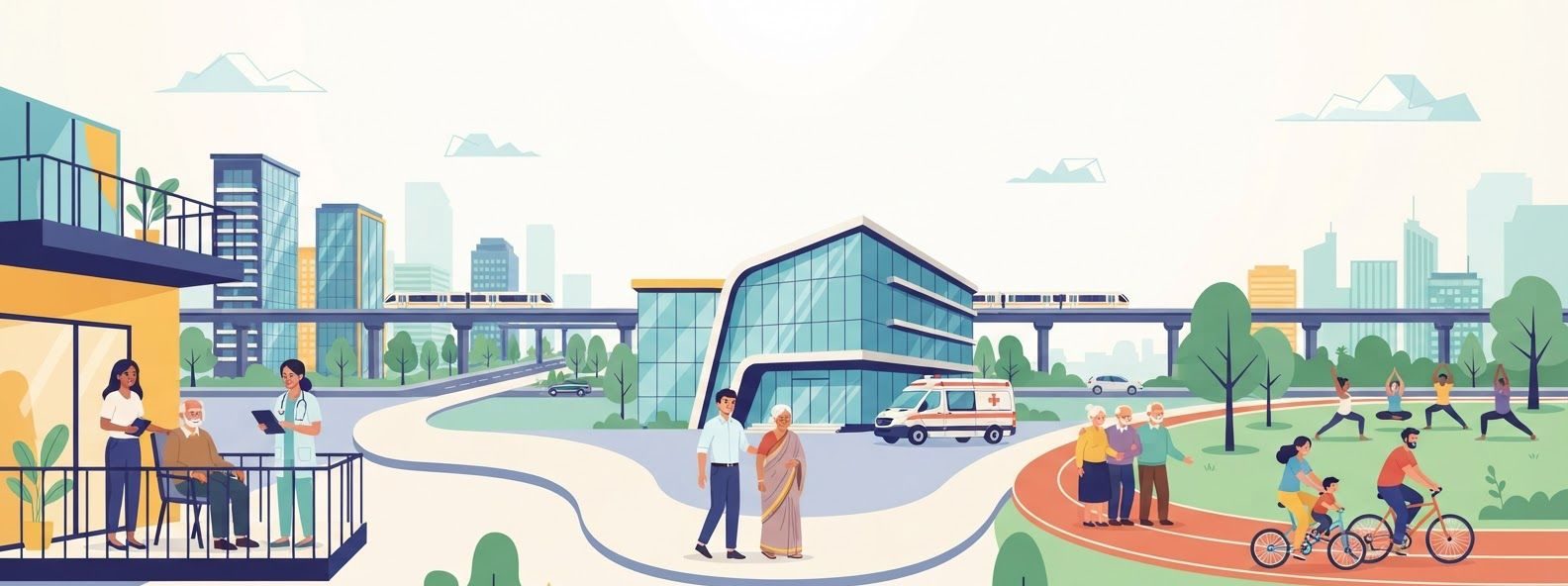 Illustration of a Hyderabad family's care journey across the city